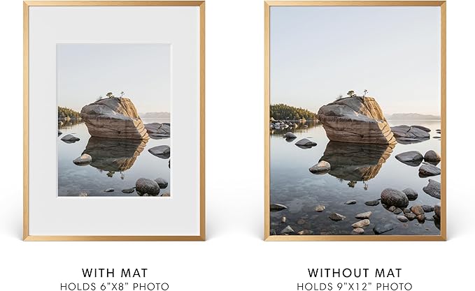HAUS AND HUES 9x12 Picture Frame with Real Glass & Brass Premium-Grade Metal Matted to 6x8 - Aluminum 9x12 Picture Frame - Includes Hanging Kit - Ideal for Home, Office (9x12 in, Brass)