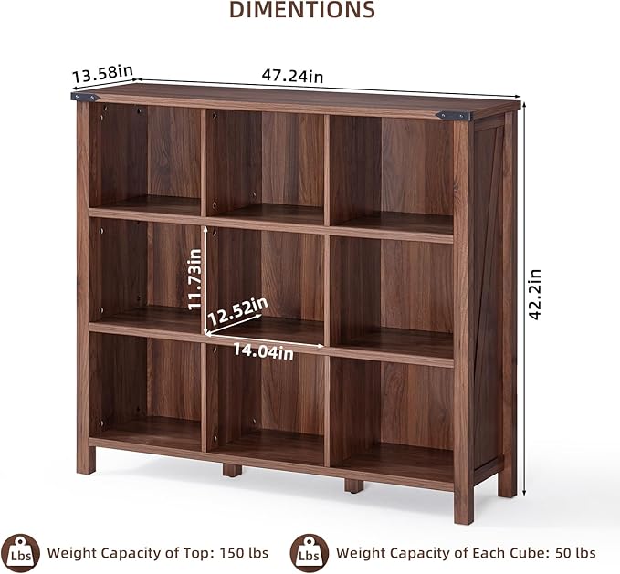9 Cube Bookcase, Farmhouse 47 Inch Wide Brown Walnut Bookshelf, Wooden 3 Tier Display Large Open Book Shelf, Vintage Horizontal Book Case for Home Office, Cubby Storage Cabinet for Living Room