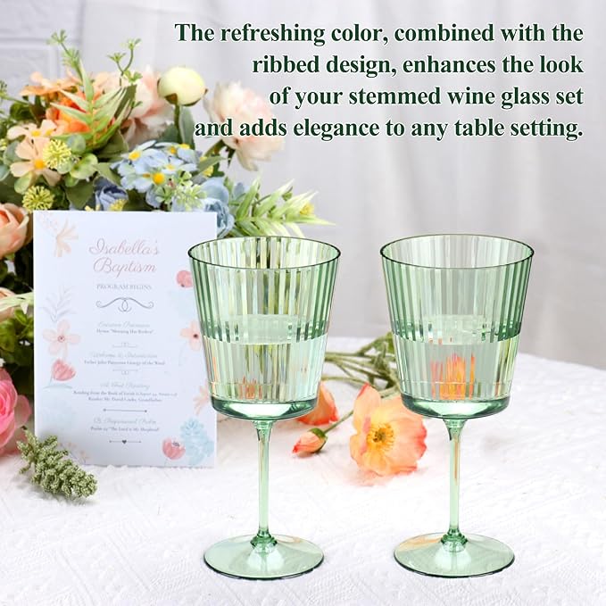 12 PCS Green Plastic Wine Glasses with Removable Stems 13.5 Oz Ribbed Wine Glasses Square White Wine Glass Muted Pastel Colors Goblets Elegant Fluted Glassware for Wedding Anniversary Birthday
