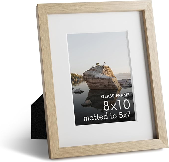 HAUS AND HUES 8x10 Picture Frame with Real Glass and Natural American Oak Matted to 5x7 - Oak Picture Frame Wood - Includes Easel Back, Vertical Hang - Ideal for Home, Office (8x10 in, Natural)