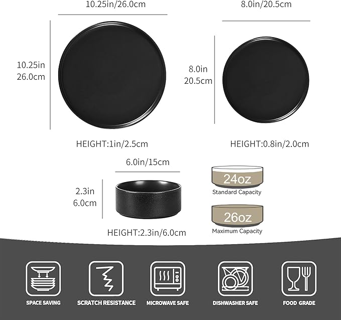 GZG Classic Series - Plates and Bowls Set for 2, 6 Piece Stoneware Dinnerware Sets, Microwave and Dishwasher Safe Lead-Free Handcrafted Ceramic Dishes Set - Frosted Matte Black