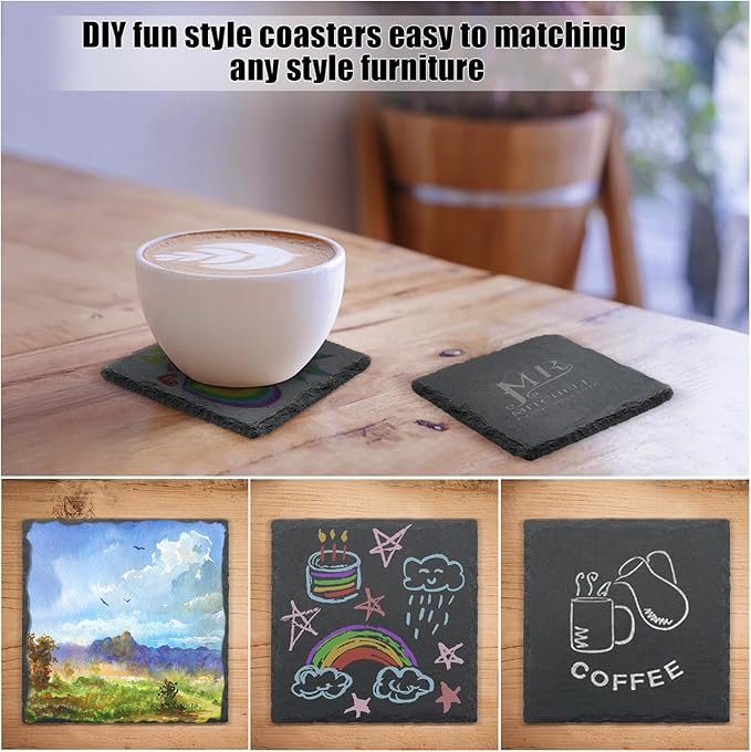 6 Pack Square Slate Drink Coasters, VIBRATITE 4 Inch Black Slate Stone Coasters Bulk Cup Coaster Laser Engraving Blanks with Anti-Scratch Bottom for Drink Coffee Bar Kitchen Home Decor