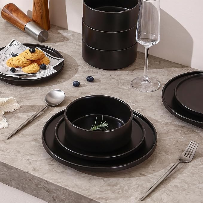 GZG Ceramic Dinner Plates Set of 4,10 Inch Stoneware Dishes Set,Microwave and Dishwasher Safe Kitchen Utensils,Stackable,Scratch Resistant (Matte Black)