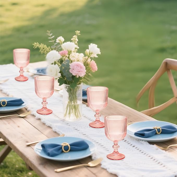24 Pcs Pink Vintage Wine Glasses, 11 Ounces Colored Glass Water Goblets, Unique Embossed Pattern High Clear Stemmed Glassware Wedding Party Bar Glass Drinking Cups Fancy Glasses Set Hand Wash Only