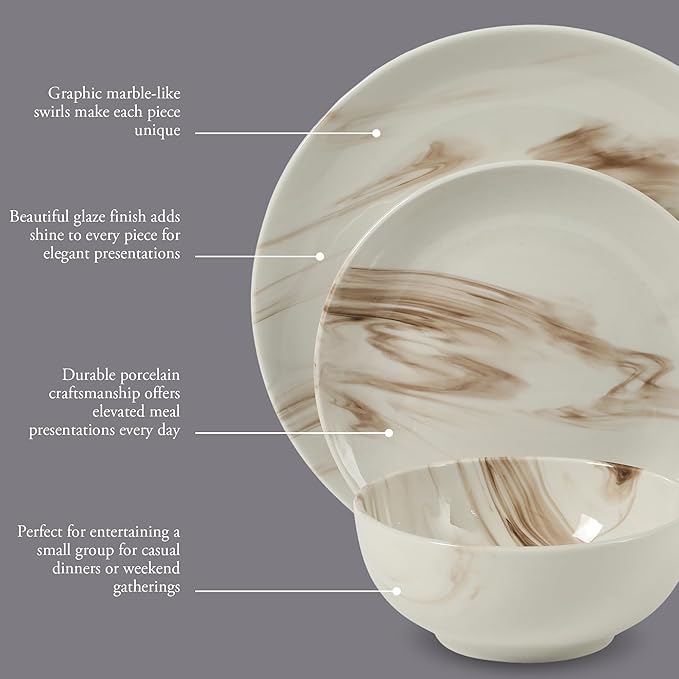 Gibson Home Cloudlight 12 Piece Plates and Bowls Dishes Brown and White - Decorated Porcelain Ceramic Dinnerware Set - Service for 4