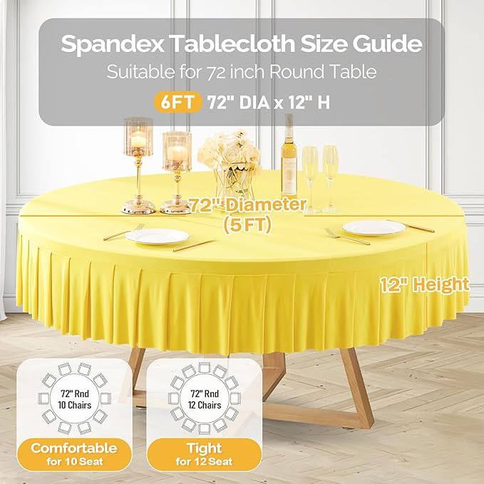8 Pack Yellow Spandex Round Tablecloths for 72in Table, Stretchy Fitted 6FT Round Table Cloths, Wrinkle Free Table Cover with Skirt for Wedding Birthday Party Bridal Shower Banquet