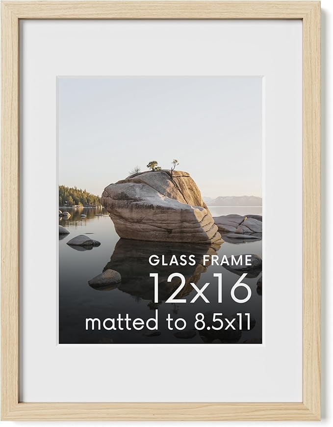 HAUS AND HUES 12x16 Picture Frame with Real Glass and Natural American Oak Matted to 8.5x11 - Oak 12x16 Frame Wood - Includes Vertical & Horizontal Hang - Ideal for Home, Office (12x16 in, Natural)