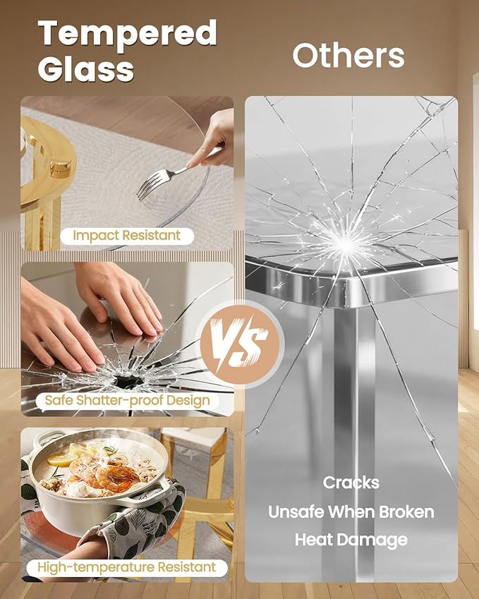 47.2" Round Glass Dining Table Set for 4, Modern 5 Piece Kitchen Table Set with Gold Stainless Steel Base & 4 PU Leather Accent Chairs, Saving Space, Dining Set for Apartment, Home - White Chair