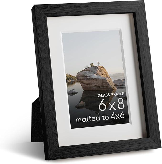 HAUS AND HUES 6x8 Picture Frame with Real Glass Matted to 4x6 - Black Oak 6x8 Picture Frame With Mat - Includes American Oak, Easel Back, Vertical Hang - Ideal for Home, Room, Office (6x8 in, Black)