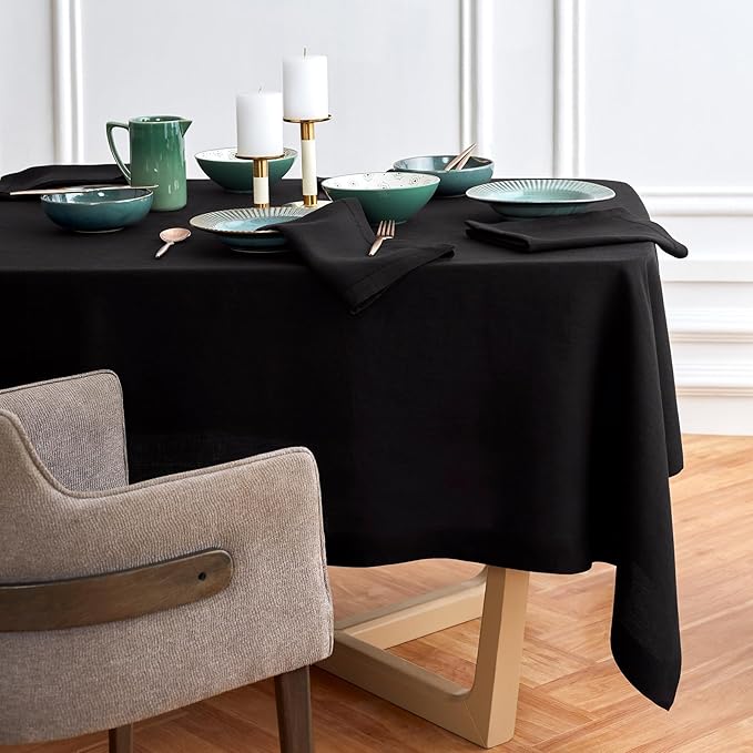 Solino Home Black Linen Tablecloth 70 x 70 Inch - 100% Pure Linen Table Cloth - Sonoma, Machine Washable Tablecloth for Winter, Spring