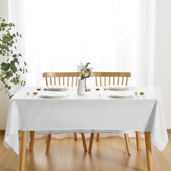 JIUZHEN Faux Linen Rectangle Tablecloth, Wrinkle Stain Resistant Farmhouse Textured Table Cloth Decorative Fabric for Kitchen, Dining, Party, Wedding,Outdoor Use,90 x 132 Inch,White