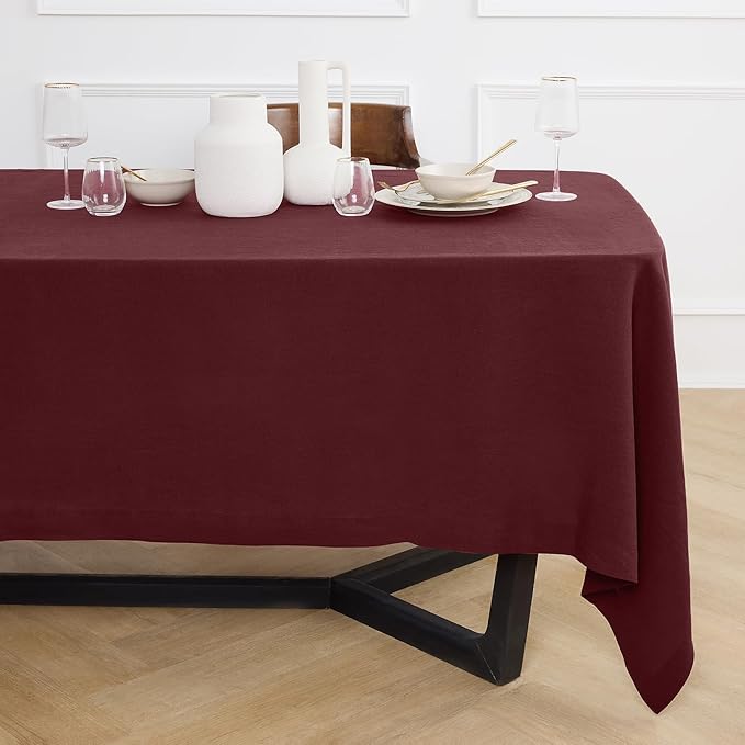 Solino Home Linen Burgundy Tablecloth 70 x 108 Inch - 100% Pure Linen Rectangular Tablecloth - Machine Washable Table Cloth for Valentines - Sonoma