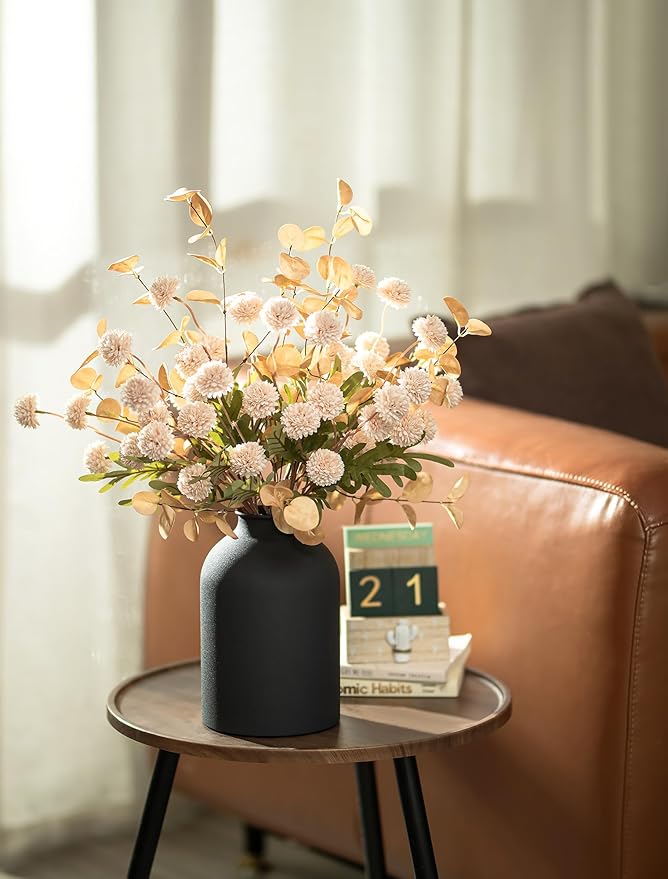 BLOSMON Dining Table Centerpiece Decor: Metal Vase with 12 Stems of Fake Mums Kiku Flower Eucalyptuses for Home - Beige Artificial Pom Poms Faux Floral Arrangements in Vase for Living Room
