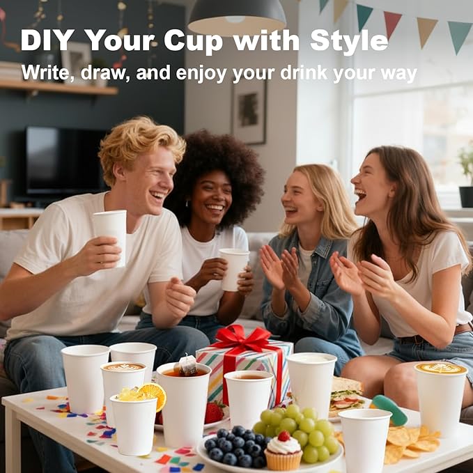 Paper Coffee Cups 12 OZ Disposable Hot and Cold Cups, Leak-Proof White Cups for Coffee, Tea, Ideal for Home, Office, and Events (100 Count)