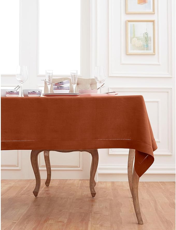 Solino Home Linen Cinnamon Tablecloth 60 x 144 Inch - Classic Hemstitch, 100% Pure Linen Rectangular Tablecloth - Machine Washable Table Cloth