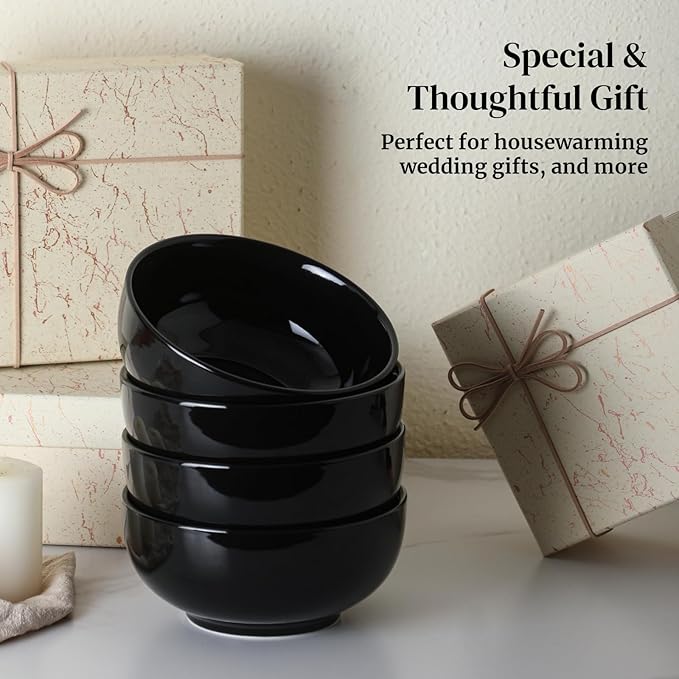 DOWAN 22 OZ Ceramic Soup Bowls & Cereal Bowls - 6" Classic Bowls Set of 4 for Soup, Cereal, Oatmeal, Fruit, Rice - Dishwasher & Microwave Safe (Black)