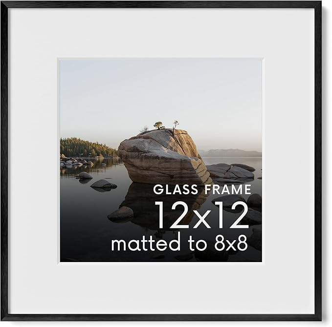 HAUS AND HUES 12x12 Picture Frame with Real Glass & Black Premium-Grade Metal Matted to 8x8 - Aluminum 12x12 Picture Frame - Includes Hanging Kit - Ideal for Home, Office (12x12 in, Black)