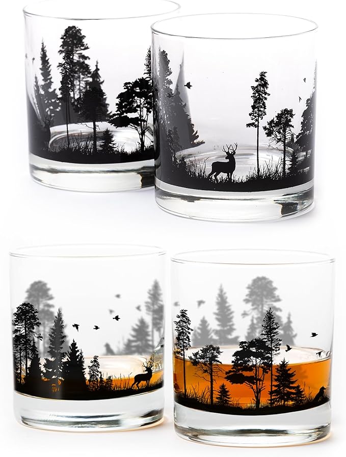 Black Lantern Whiskey Glass Set of 4 – 11oz Old Fashioned Bourbon, Scotch & Cocktail Tumblers with Forest Animal Nature Design | Premium Heavy-Base Barware