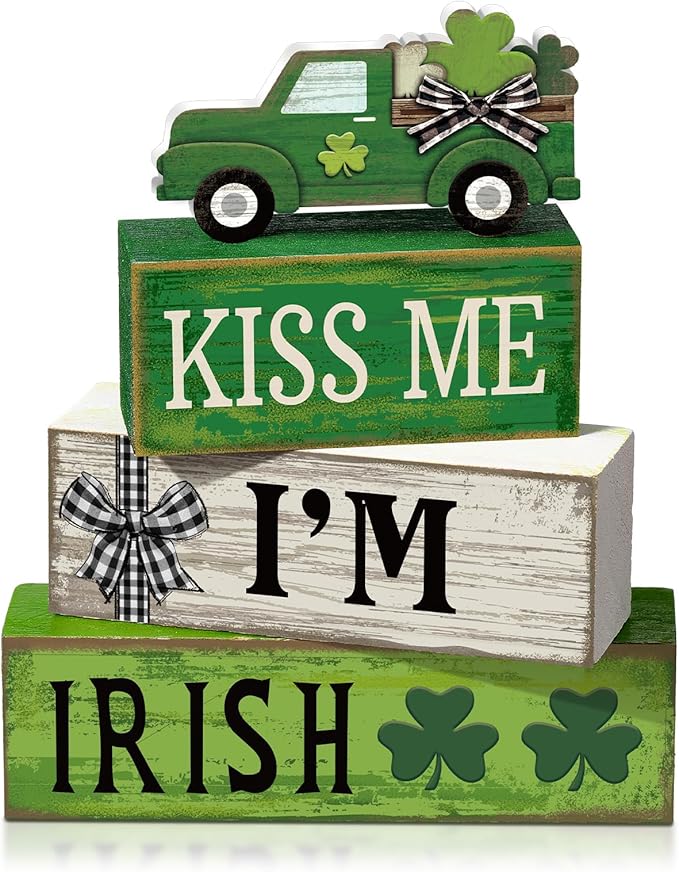 4 Pcs St Patricks Day Decorations Lucky Shamrock Wooden Sign Truck Table Centerpiece St Patricks Day Tiered Tray Decor Decorative Faux Book Stack Block for Fireplace Mantel Floating Shelf