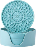 Colinda Silicone Coasters - Set of 6 with Holder, Non-Slip Cup Mats for Hot and Cold Drinks, Decorative Designs, Gift Ready Packaging,Turquoise