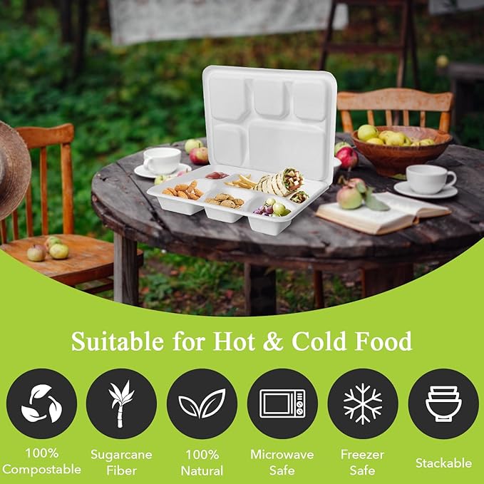 three leaf 5 COMPARTMENT MEAL TRAY WITH LID SET, 125 SETS. Heavy-Duty- Super Strong- Natural- Eco-Friendly Disposable Bagasse Tray with Lid, 100% Biodegradable Plates