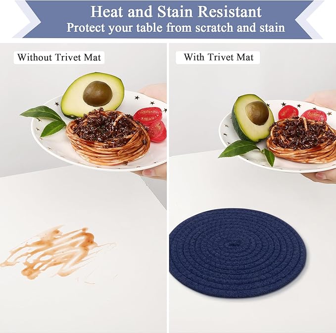 SHACOS 8 Inches Trivets for Hot Dishes, 4 Pieces Cotton Trivets Mats for Kitchen, Heat-Resistant Pot Holders for Countertops and Table, Hot Pads for Hot Pots and Pans, Navy Blue