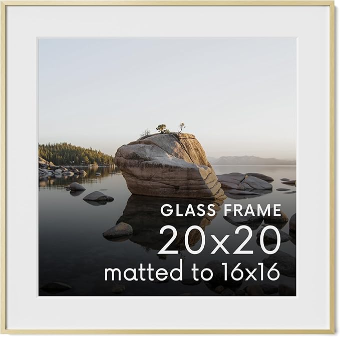 HAUS AND HUES 20x20 Picture Frame with Real Glass & Gold Premium-Grade Metal Matted to 16x16 - Aluminum 20x20 Frame - Includes Hanging Kit - Ideal for Home, Office (20x20 in, Gold)