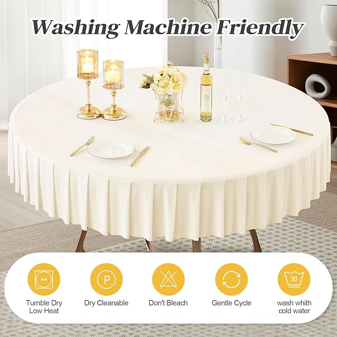 2 Pack Ivory Spandex Round Tablecloths for 60 Inch Tables, Stretchy Fitted 5FT Cloths, Wrinkle-Free Cover With Skirt for Wedding, Party, Dining, Banquet