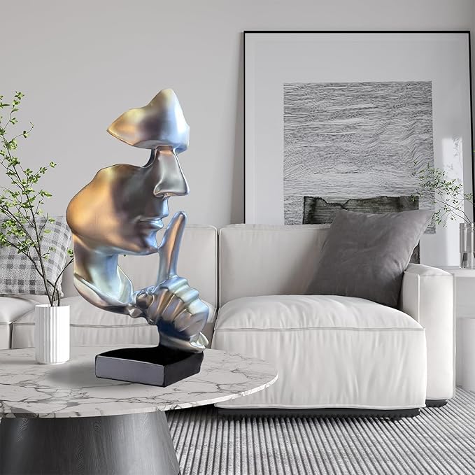 aboxoo Abstract Statues Silence is Gold Decorative Objects,Modern and Simple Resin Figurine,Desk Decoration for Office Home Piano Deco(Large Silver)