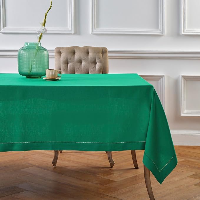 Solino Home Linen Tablecloth 60 x 108 Inch - Classic Hemstitch 100% Pure Linen Emerald Green Table Cloth for Rectangle Tables - Machine Washable Tablecloth for St Patricks Day
