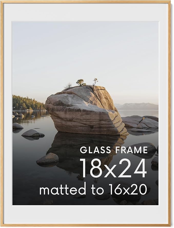 HAUS AND HUES 18x24 Picture Frame with Real Glass & Brass Premium-Grade Metal Matted to 16x20 - Aluminum 24x18 Poster Frame - Includes Hanging Kit - Ideal for Home, Office (18x24 in, Brass)