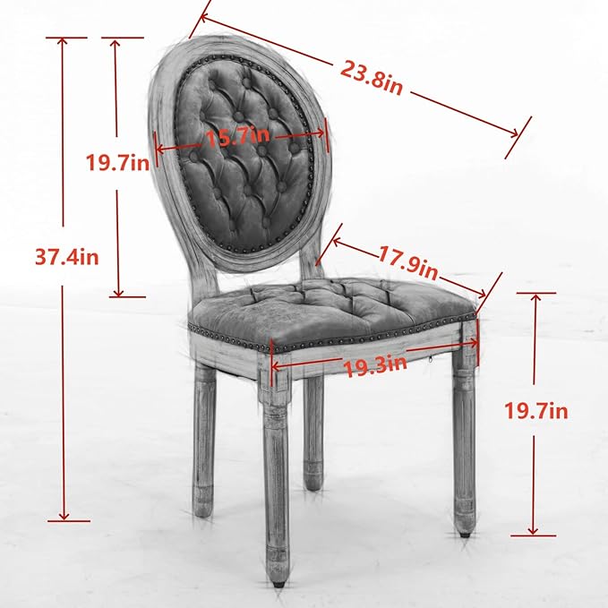 Ball & Cast French Vintage Upholstered Dining Chairs Set of 2, Button Tufted Kitchen Side-Chairs with Carved Antique Wood Frame & Nailhead Trims, 2-Piece Curved Backrest Louis Chair, Velvet Gray