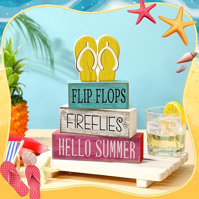 4 Pcs Summer Table Decorations Wooden Sign Flip Flops Table Centerpiece Summer Tiered Tray Decor Decorative Faux Book Stack Block for Coffee Fireplace Mantel Floating Shelf Hawaii