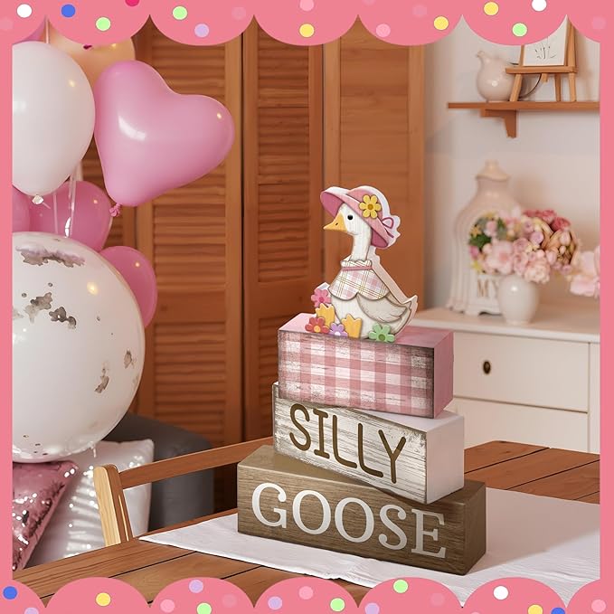 4 Pcs One Silly Goose Birthday Party Decoration Wood Silly Goose Table Sign Pink Baby Shower Tiered Tray Decor Tabletop Centerpieces for First Birthday Baby Shower Home Shelf Office