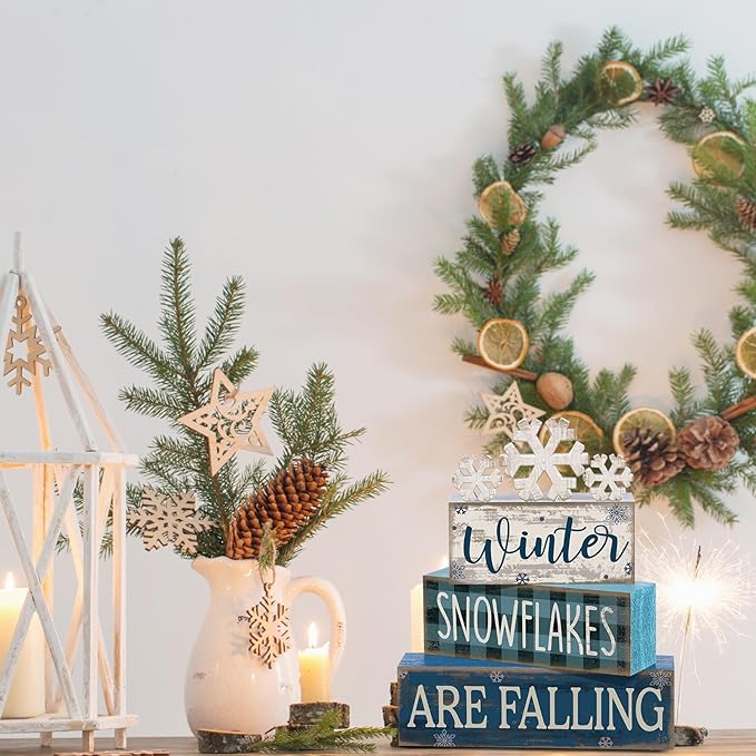 6 Pcs Winter Snowflakes Table Decorations Christmas Snowflake Centerpieces for Tables Winter Tiered Tray Decor Rustic Wood Snow Sign Farmhouse for Wonderland Party Kitchen Shelf Home