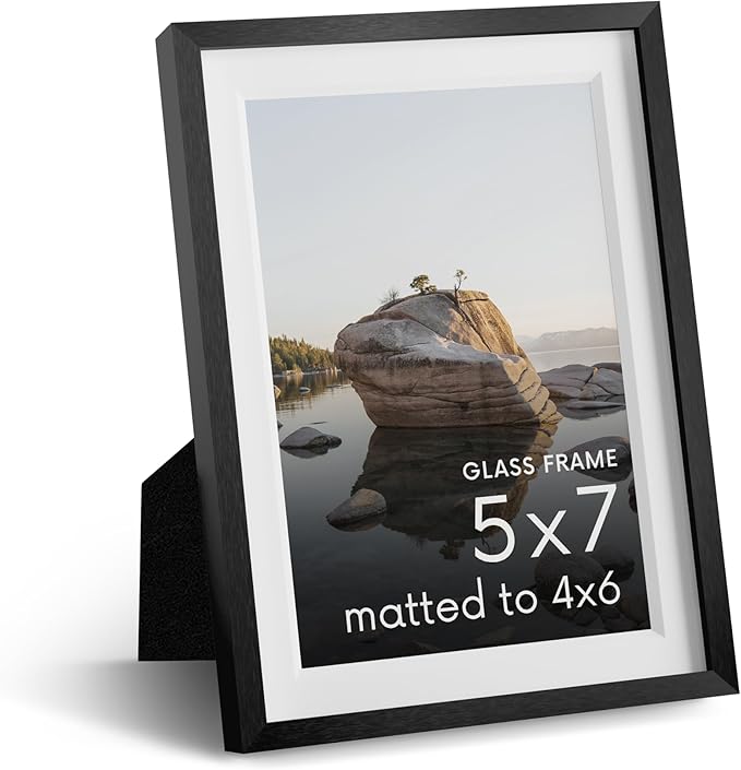 HAUS AND HUES 5x7 Picture Frame with Real Glass & Black Premium-Grade Metal Matted to 4x6 - Aluminum 5x7 Picture Frame - Includes Easel Back, Hanging Kit - Ideal for Home, Office (5x7 in, Black)