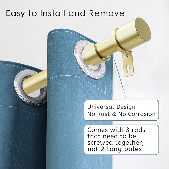 Curtain Rods for Windows 16 to 48 or 60 Inches Max Adjustable Length 1 Inch Diameter Window Curtain Rod with Aluminium Finials, Warm Gold