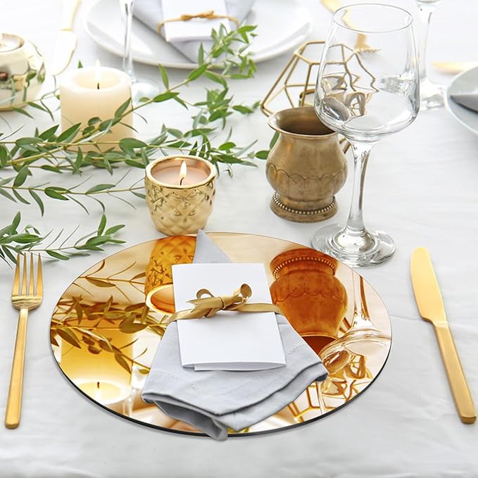 VASUHOME 10" Gold Mirror Centerpieces for Tables, Round Mirror Plates Set for Candle, Wedding, Party Decorations, Circle Mirror Trays with Smooth Edge and Cushioned Feet, 2mm Thick