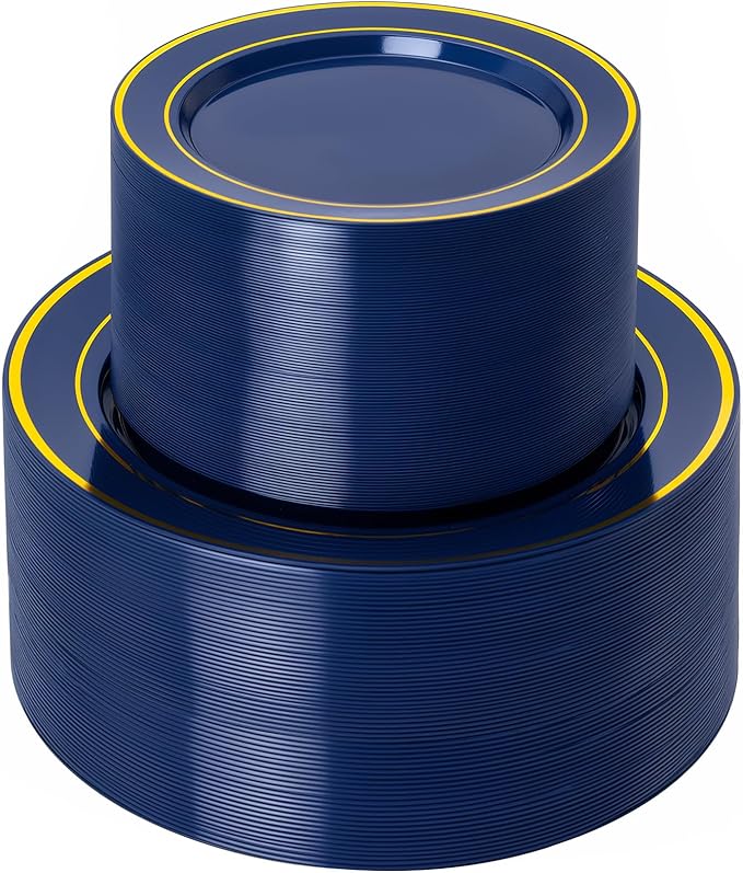 NOCCUR 200PCS Navy Blue Plastic Plates for 100 Guests - Include 100PCS 10" Dinner/ 100PCS 7" Dessert Disposable Plates Heavy Duty - Ideal for Party/Christmas/Hanukkah