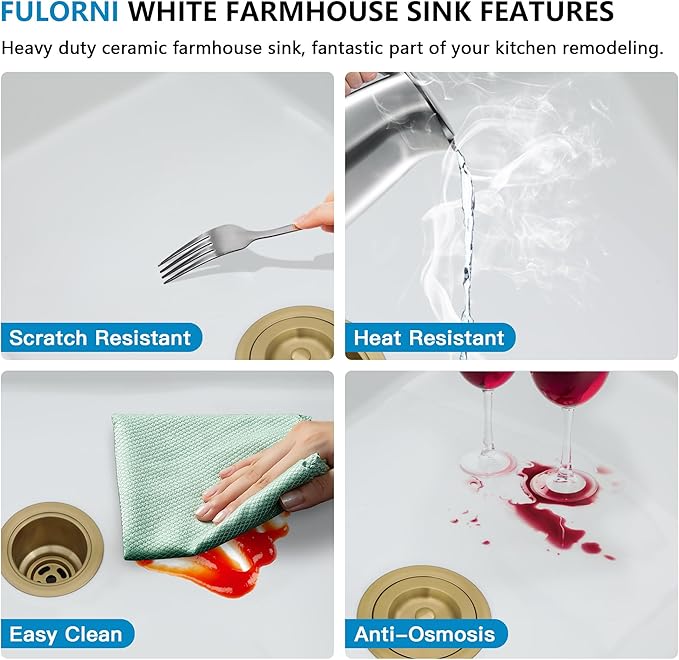 33"x21" White Farmhouse Sink Workstation - Curved Apron Front with Slide Ledge White Ceramic Porcelain Fireclay Single Bowl Luxury Farm Kitchen Sink Basin