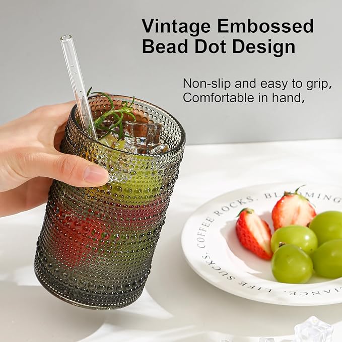 Vintage Hobnail Drinking Glasses Set of 12, 15oz Textured Tumblers - Embossed Grey Bar Glasses for Cocktails, Beer, Whiskey, Dishwasher-Safe Highball Cups for Kitchen, Juice & Mixed Drinks