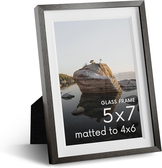 HAUS AND HUES 5x7 Gray Metal Picture Frame with Real Glass, Matted 4x6, Aluminum Tabletop or Wall Display with Easel Back and Hanging Kit
