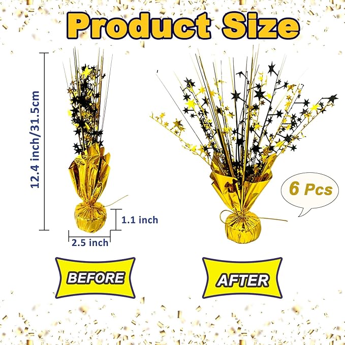 6 Pack 2026 Graduation Table Centerpiece Party Decoration Metallic Foil Spray Centerpiece Glitter Decor Star Tabletop for Graduation New Year Birthday Holiday Party Favor, Black and Gold