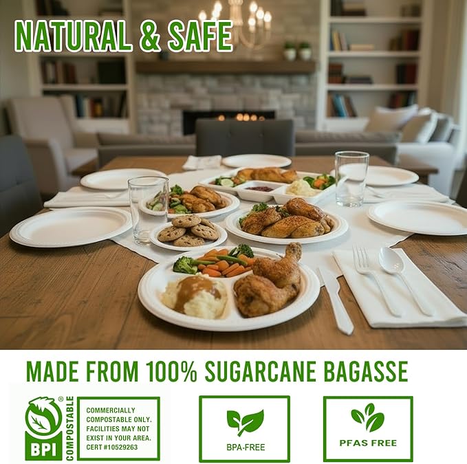 3 Compartment Compostable Heavy Duty Disposable Paper Plates, 150 Count | 10 Inch Round | Natural Bagasse, White Biodegradable Eco-Friendly School Lunch, Buffet, Party Sugarcane Tray