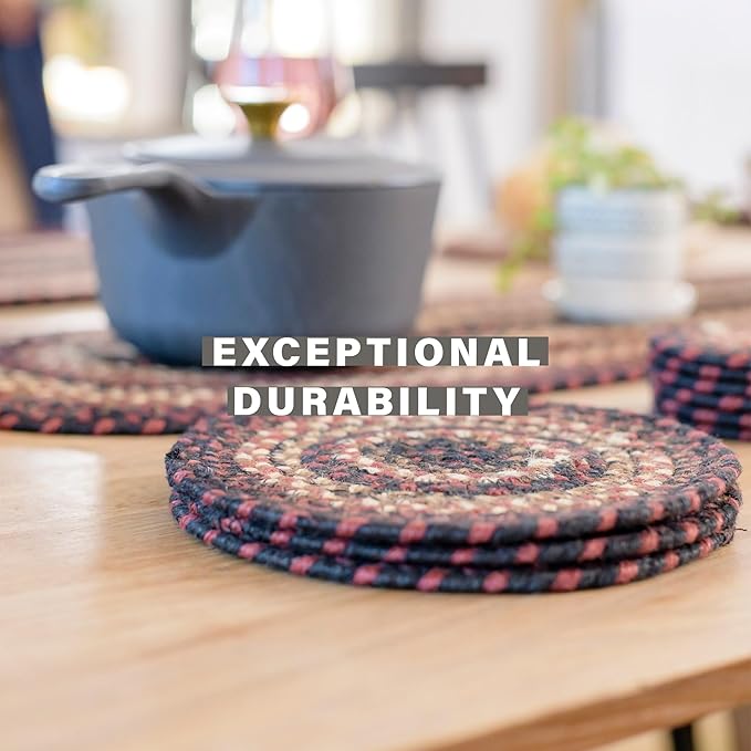 Homespice Prescott Jute Braided Oval Placemats, Country Primitive Decor, Set of 6, 13x19 Black and Red Table Mats - Vibrant Colors, Durable, Easy to Clean and Protects Furniture