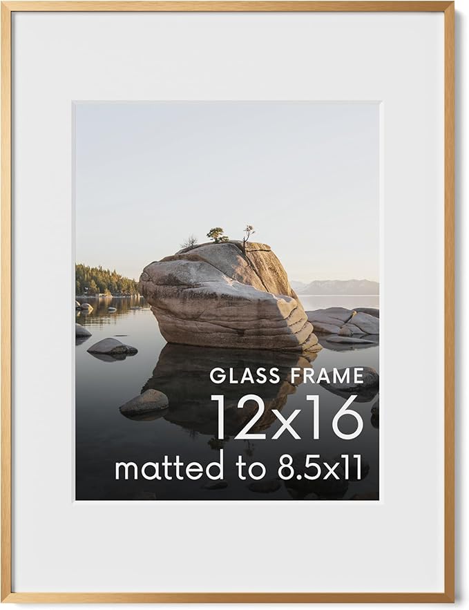 HAUS AND HUES 12x16 Picture Frame with Real Glass & Brass Premium-Grade Metal Matted to 8.5x11 - Aluminum 12x16 Picture Frame - Includes Hanging Kit - Ideal for Home, Office (12x16 in, Brass)