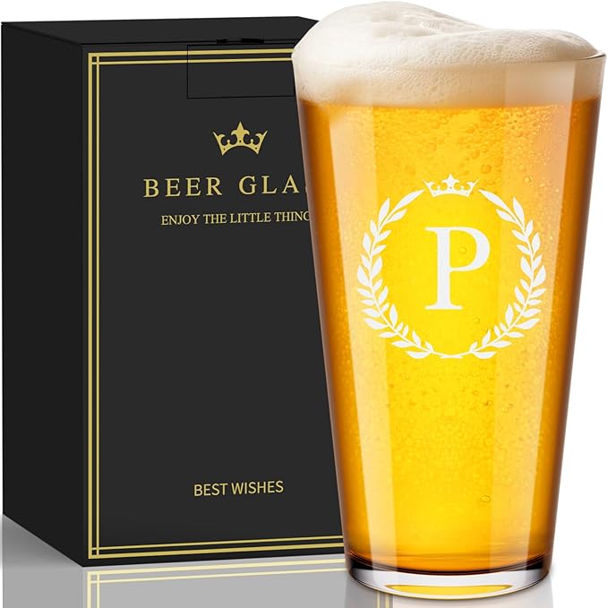 Personalized Beer Glasses Gifts for Men, 16 oz Pint Glasses Monogrammed A-Z Drinking Glass Cups Customized Gift, Unique Christmas Anniversary Birthday Gifts for Men Him Dad Brother Husband Grandpa (P)