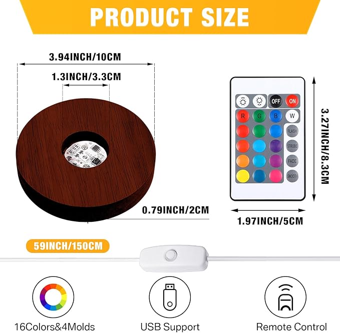 Riakrum 4 Pieces Wood LED Display Light Base Crystal Display Base Stand Remote Control Round 16 Lighting Modes Wooden Lighted Holder Colorful Pedestal for Crystal Glass Resin Ball(Walnut Wood Color)