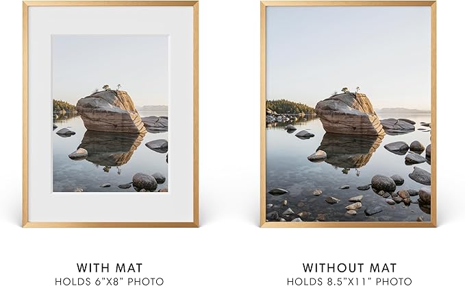 HAUS AND HUES 8.5x11 Brass Metal Picture Frame with Real Glass, Matted 6x8, Aluminum Wall Display with Hanging Kit for Home Office