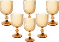 Vintage Wine Glasses Set of 6, 11 Ounces Colored Glass Water Goblets, Colorful Unique Embossed Pattern High Clear Stemmed Glassware Wedding Party Bar Glass Drinking Cups Vertical Line Gold Amber
